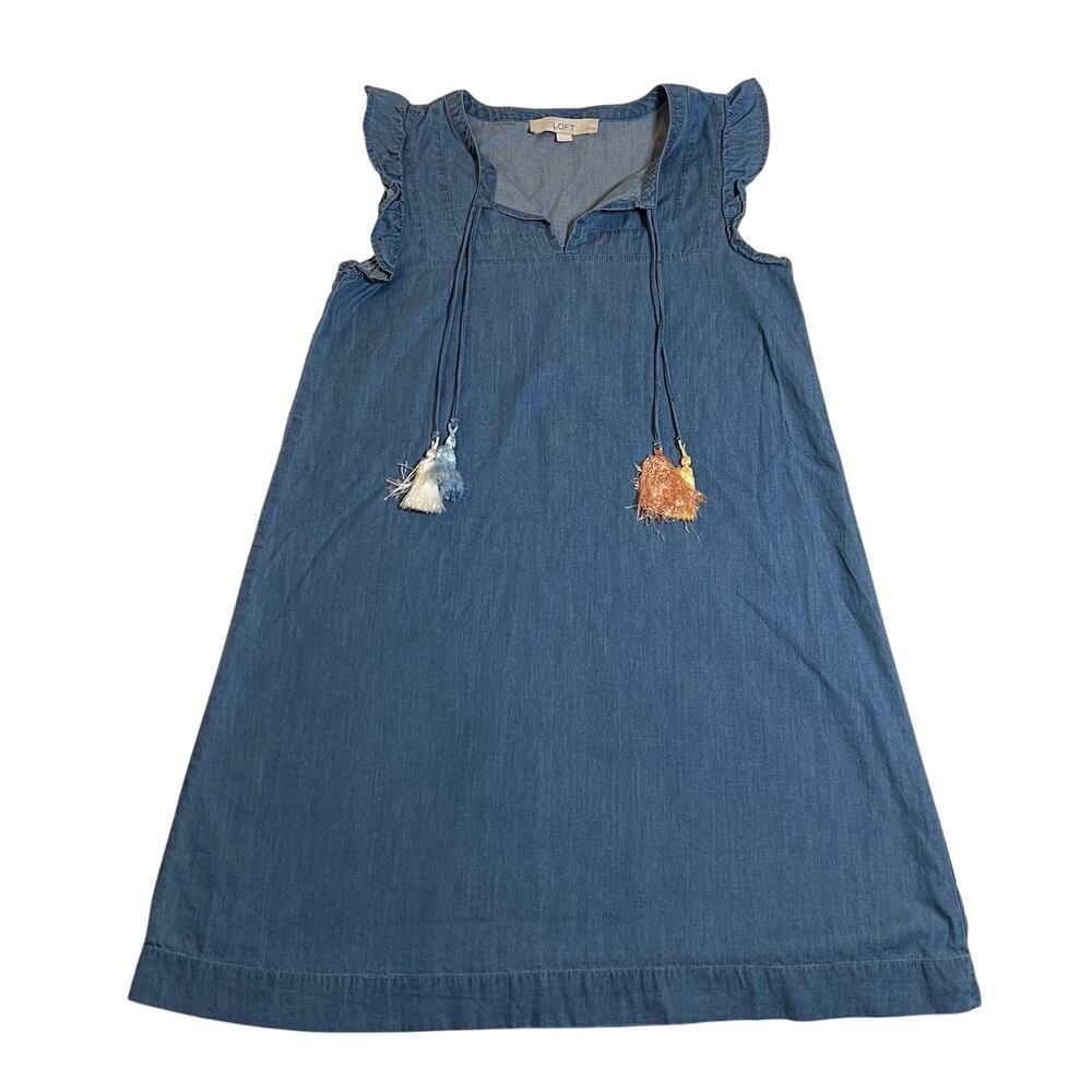LOFT Cap Sleeve Chambray Dress w/ Tassels Size Small Petite Lightweight Casual